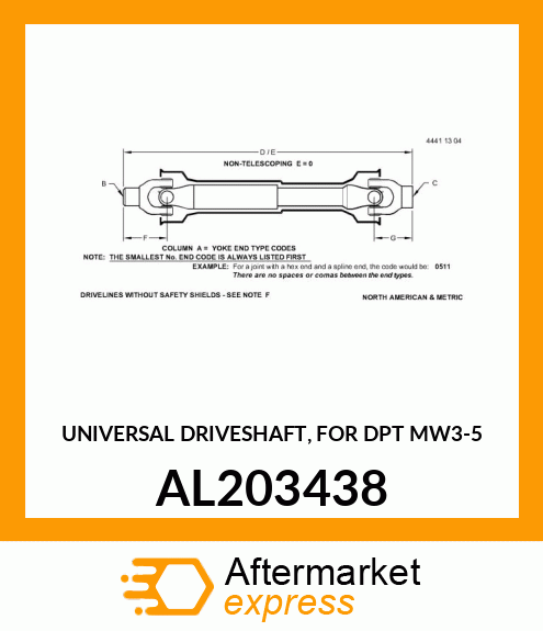 UNIVERSAL DRIVESHAFT, FOR DPT MW3 AL203438