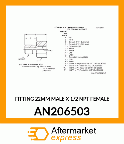 FITTING 22MM MALE X 1/2 NPT FEMALE AN206503