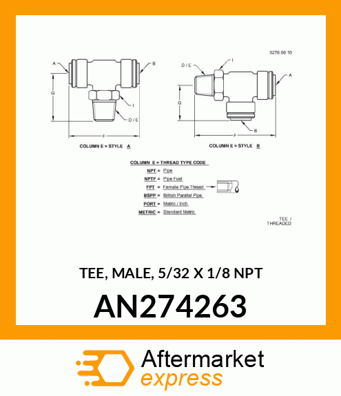 TEE, MALE, 5/32 X 1/8 NPT AN274263