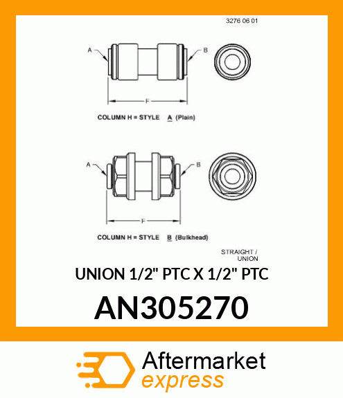 UNION 1/2" PTC X 1/2" PTC AN305270