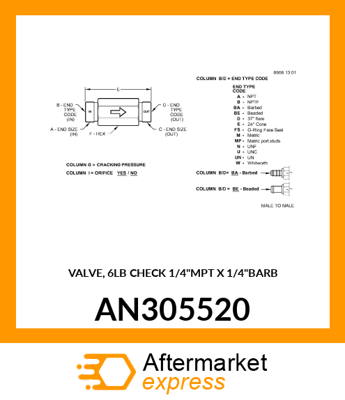 VALVE, 6LB CHECK 1/4"MPT X 1/4"BARB AN305520