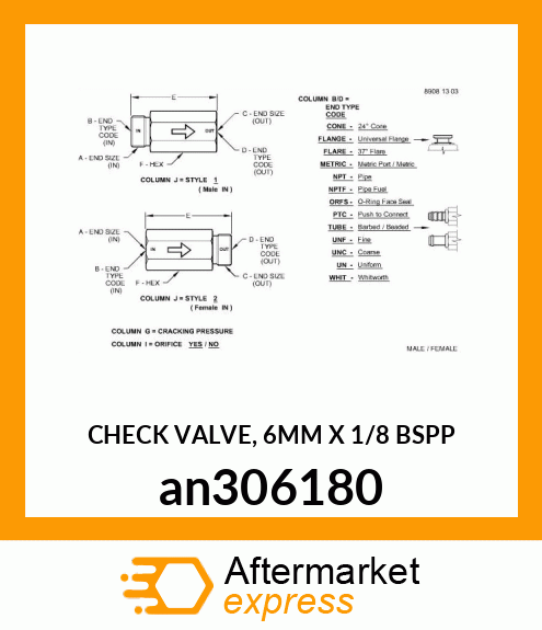 CHECK VALVE, 6MM X 1/8 BSPP an306180