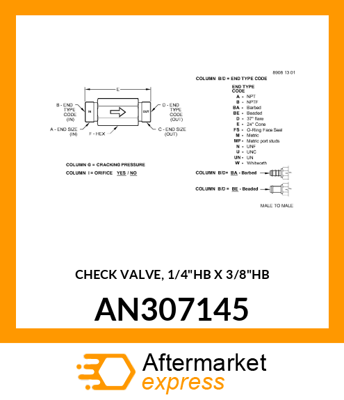 CHECK VALVE, 1/4"HB X 3/8"HB AN307145