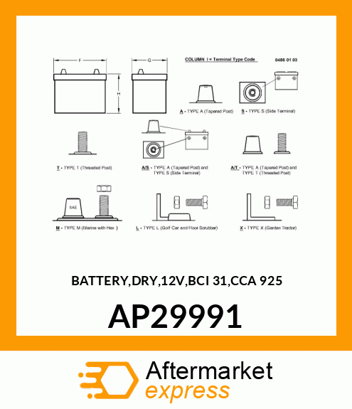 BATTERY,DRY,12V,BCI 27,CCA 650 AP29991