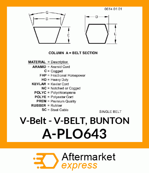 V-Belt - V-BELT, BUNTON A-PLO643
