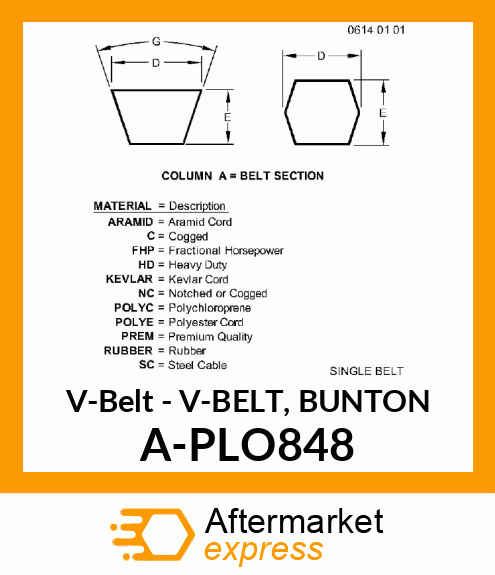 V-Belt - V-BELT, BUNTON A-PLO848