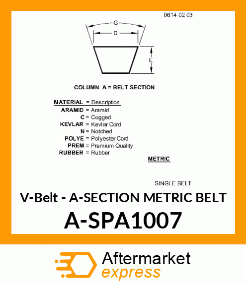 V-Belt - A-SECTION METRIC BELT A-SPA1007