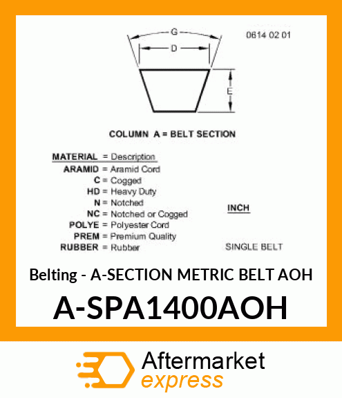 Belting - A-SECTION METRIC BELT AOH A-SPA1400AOH