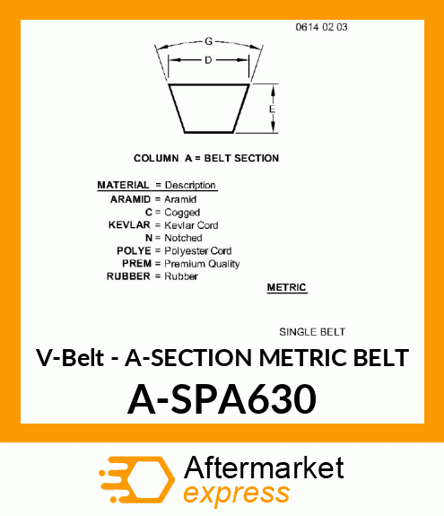 V-Belt - A-SECTION METRIC BELT A-SPA630