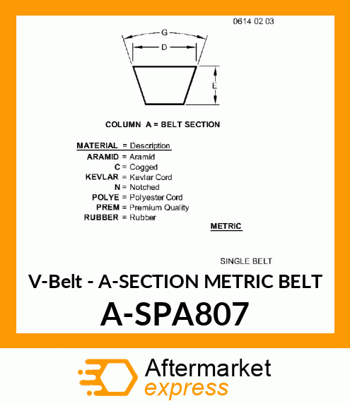 V-Belt - A-SECTION METRIC BELT A-SPA807