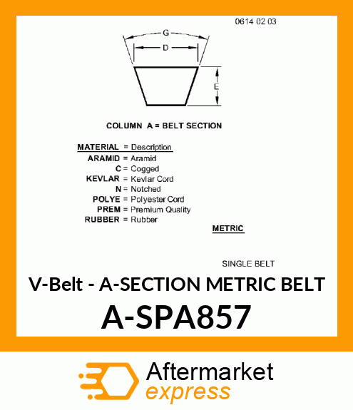 V-Belt - A-SECTION METRIC BELT A-SPA857