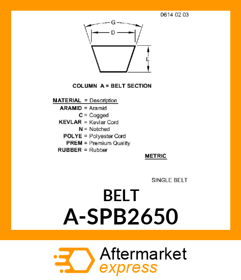 V-Belt - B-SECTION METRIC BELT A-SPB2650