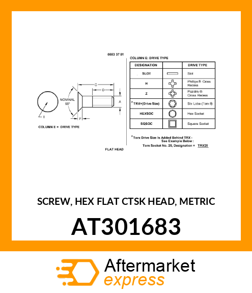 SCREW, HEX FLAT CTSK HEAD, METRIC AT301683