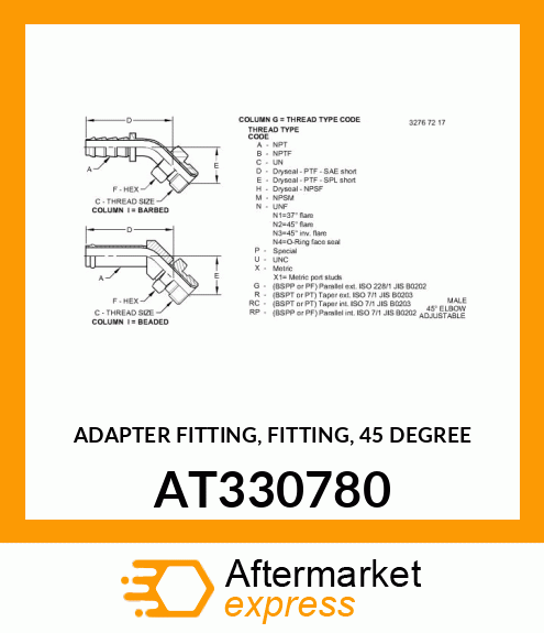 ADAPTER FITTING, FITTING, 45 DEGREE AT330780
