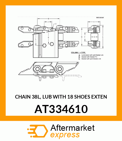 CHAIN 38L, LUB WITH 18 SHOES EXTEN AT334610