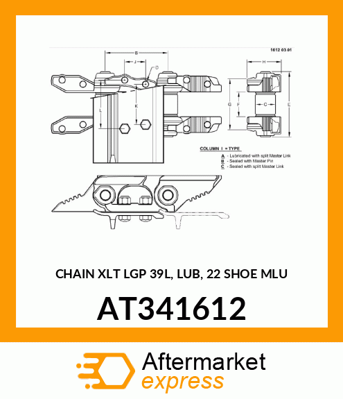 CHAIN XLT LGP 39L, LUB, 22 SHOE MLU AT341612