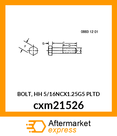 BOLT, HH 5/16NCX1.25G5 PLTD cxm21526