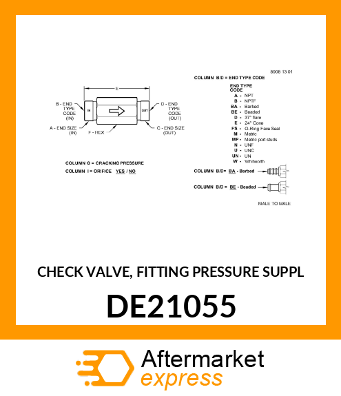 CHECK VALVE, FITTING PRESSURE SUPPL DE21055