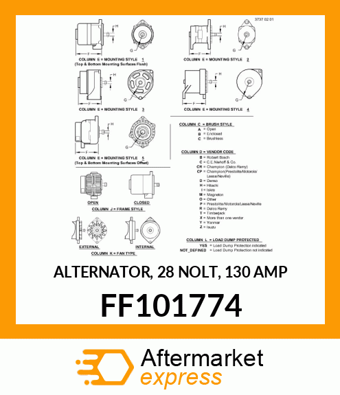 ALTERNATOR, 28 NOLT, 130 AMP FF101774