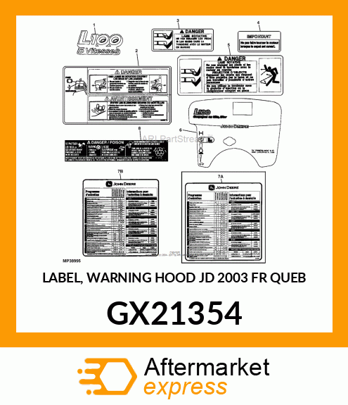 LABEL, WARNING HOOD JD 2003 FR QUEB GX21354