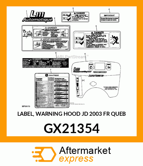 LABEL, WARNING HOOD JD 2003 FR QUEB GX21354