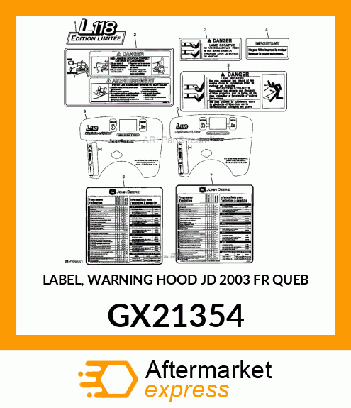 LABEL, WARNING HOOD JD 2003 FR QUEB GX21354