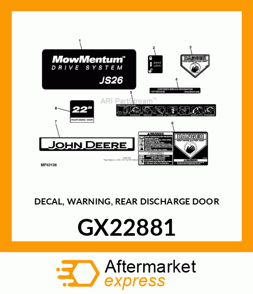 DECAL, WARNING, REAR DISCHARGE DOOR GX22881