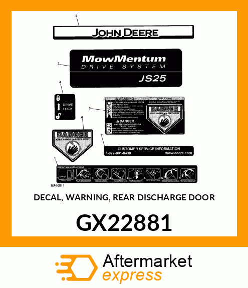 DECAL, WARNING, REAR DISCHARGE DOOR GX22881
