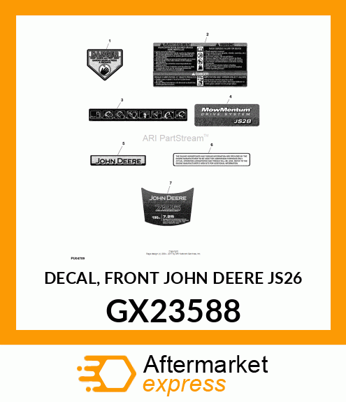 DECAL, FRONT JOHN DEERE JS26 GX23588