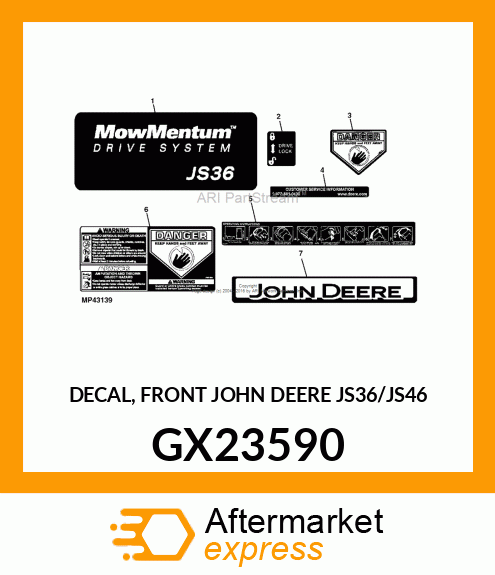 DECAL, FRONT JOHN DEERE JS36/JS46 GX23590
