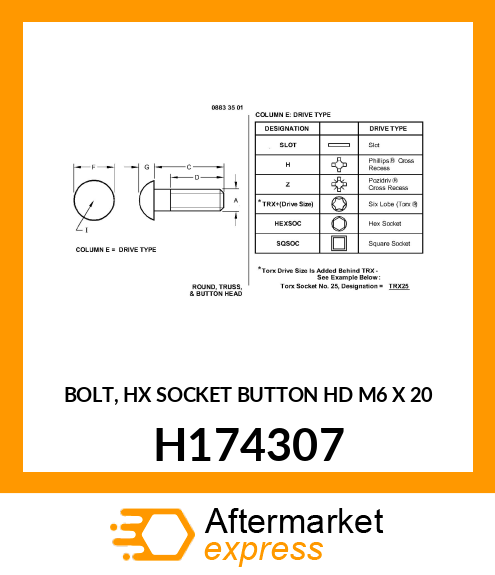 BOLT, HX SOCKET BUTTON HD M6 X 20 H174307