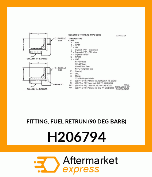 FITTING, FUEL RETRUN (90 DEG BARB) H206794