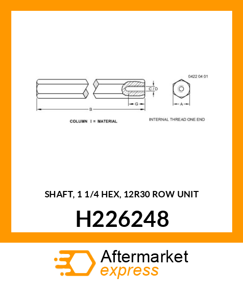 SHAFT, 1 1/4 HEX, 12R30 ROW UNIT H226248