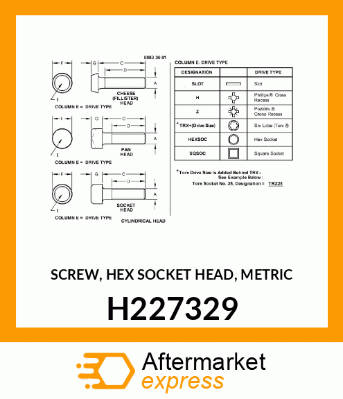 SCREW, HEX SOCKET HEAD, METRIC H227329