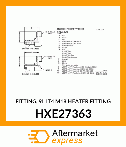 FITTING, 9L IT4 M18 HEATER FITTING HXE27363