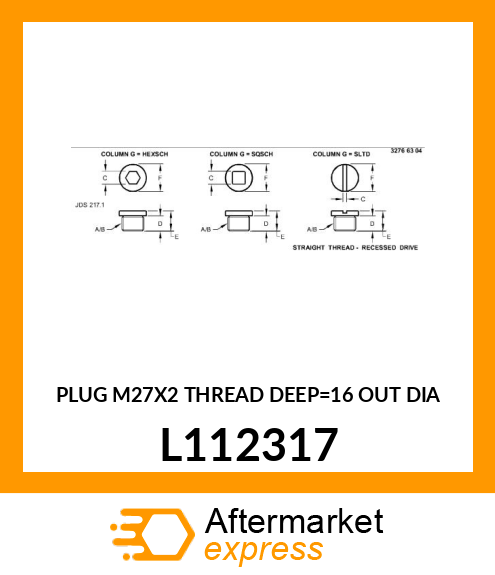 PLUG M27X2 THREAD DEEP=16 OUT DIA L112317