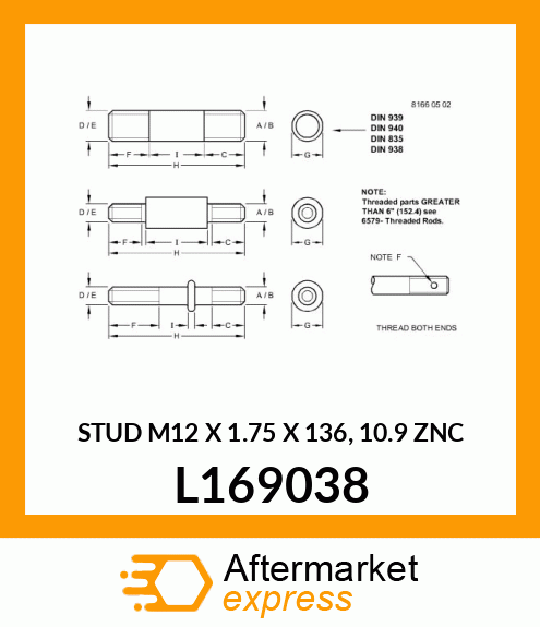 STUD M12 X 1.75 X 136, 10.9 ZNC L169038