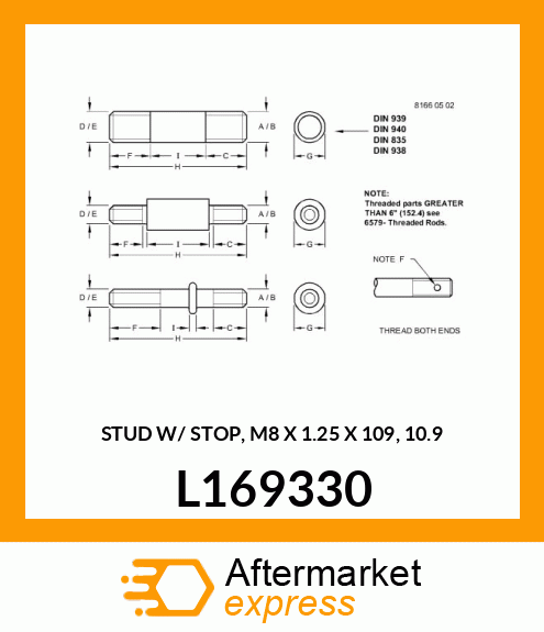 STUD W/ STOP, M8 X 1.25 X 109, 10.9 L169330