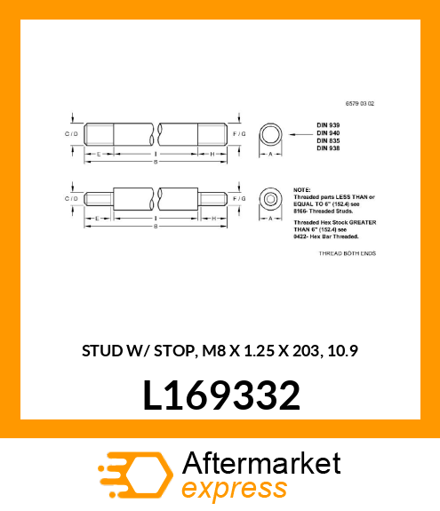 STUD W/ STOP, M8 X 1.25 X 203, 10.9 L169332