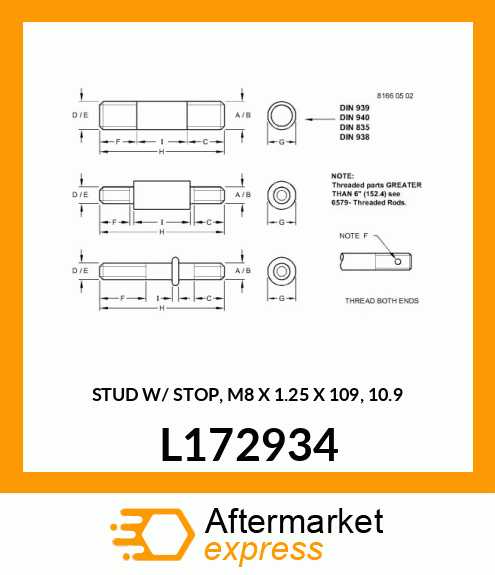 STUD W/ STOP, M8 X 1.25 X 109, 10.9 L172934