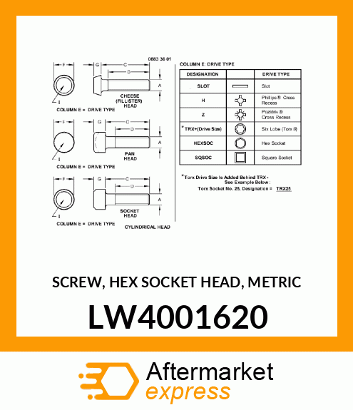 SCREW, HEX SOCKET HEAD, METRIC LW4001620