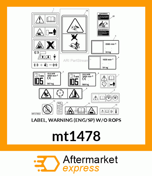 LABEL, WARNING (ENG/SP) W/O ROPS mt1478