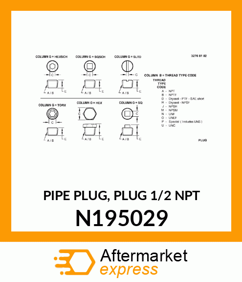 PIPE PLUG, PLUG 1/2 NPT N195029