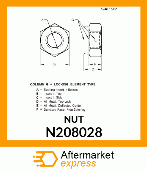 NUT,METRIC HEX PREV TORQUE M20 N208028