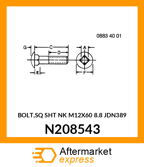 BOLT,SQ SHT NK M12X60 8.8 JDN389 N208543