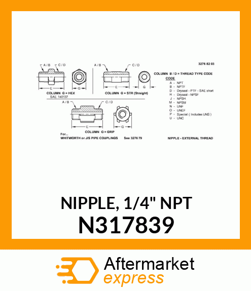 NIPPLE, 1/4" NPT N317839