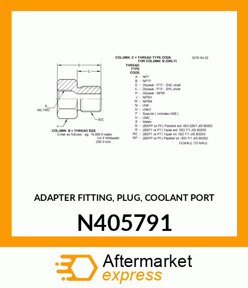 ADAPTER FITTING, PLUG, COOLANT PORT N405791