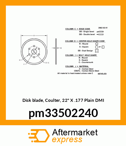 Disk blade, Coulter, 22" X .177 Plain DMI pm33502240