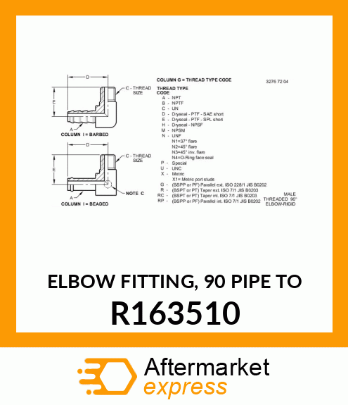 ELBOW FITTING, 90 PIPE TO R163510