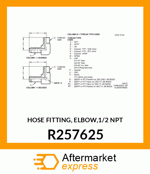 HOSE FITTING, ELBOW,1/2 NPT R257625